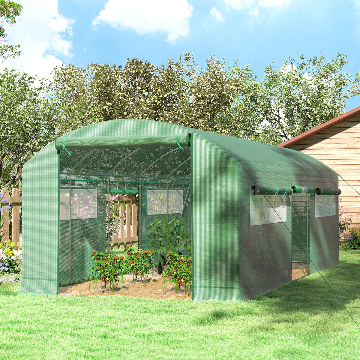 19.5' x 10' x 7.5' Tunnel Greenhouse with 3 Roll-Up Doors and Large Mesh Windows, Galvanized Steel Frame, Wind Resistant, Green