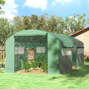 19.5' x 10' x 7.5' Tunnel Greenhouse with 3 Roll-Up Doors and Large Mesh Windows, Galvanized Steel Frame, Wind Resistant, Green