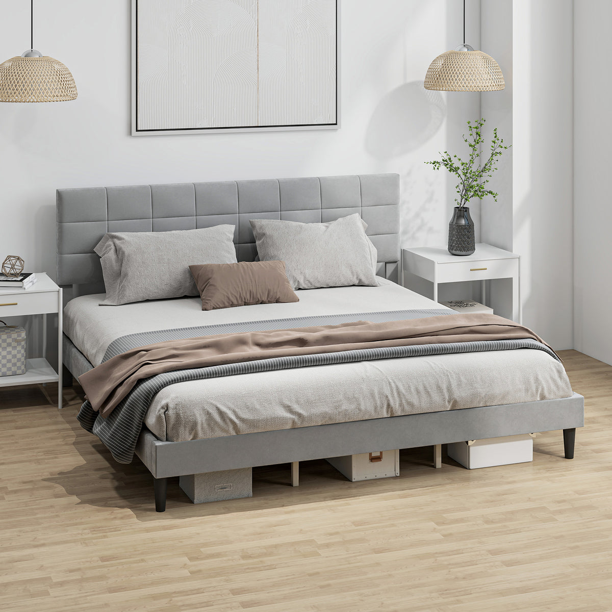 Queen Size Bed Frame with Upholstered Headboard, Modern Platform Bed Frame with Wood Slats, 1100 lbs Capacity, Cream