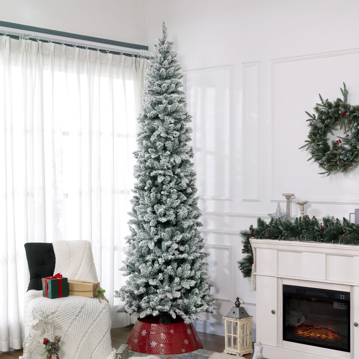 6ft Pencil Christmas Tree, Flocked Tree with 479 Branch Tips and Metal Base for Home, Indoor, Holiday