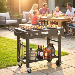 Outdoor Grill Cart, Folding Grill Table with Magnetic Knife Holder, Hooks, Spice Rack, Paper Rack, Black