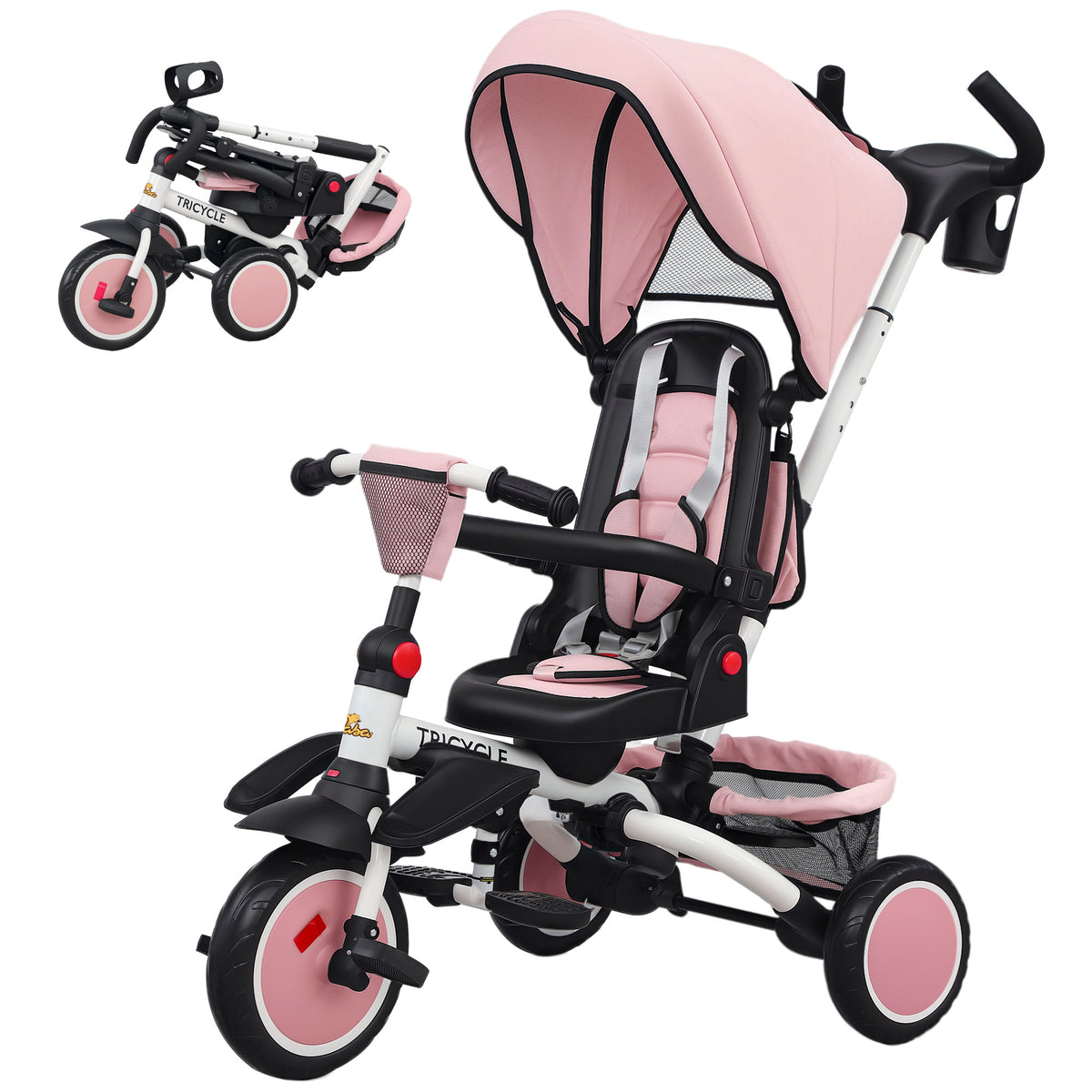 Qaba 6 in 1 Toddler Tricycle for 1-5 Years Old with Push Handle, Removable Canopy, Rotatable Seat