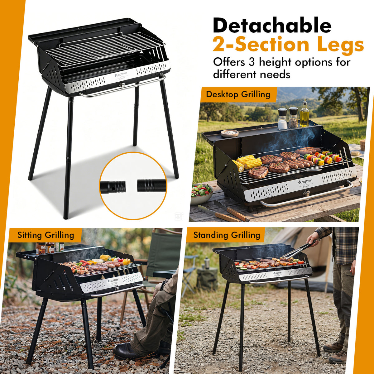 Portable Charcoal Grill with Detachable Legs, Adjustable Grate and Carrying Bag view 7