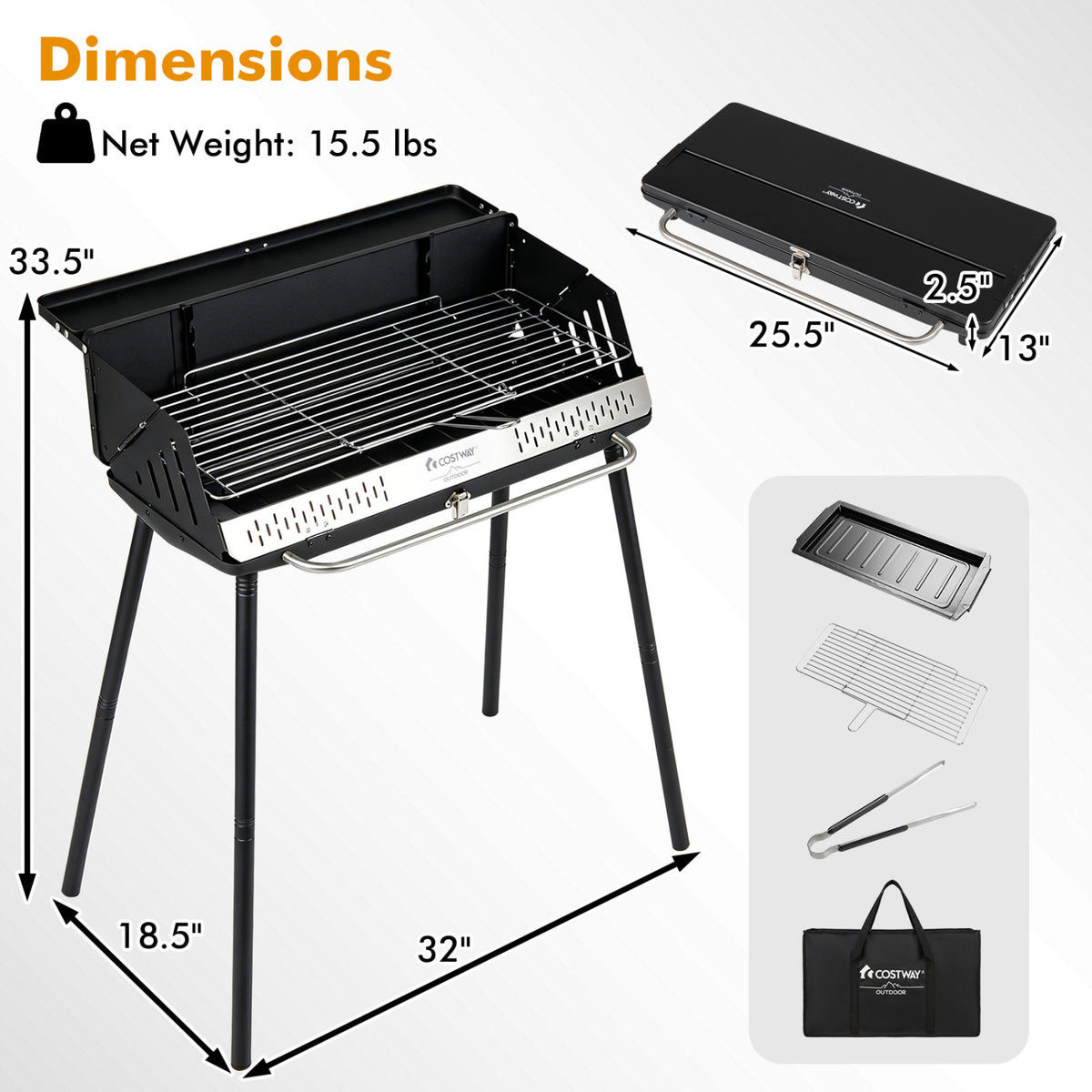 Portable Charcoal Grill with Detachable Legs, Adjustable Grate and Carrying Bag view 5
