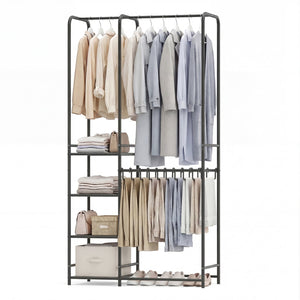 Portable Closet with Pants Hangers and 2 Hanging Rods and 4 Storage Shelves-Black view 4