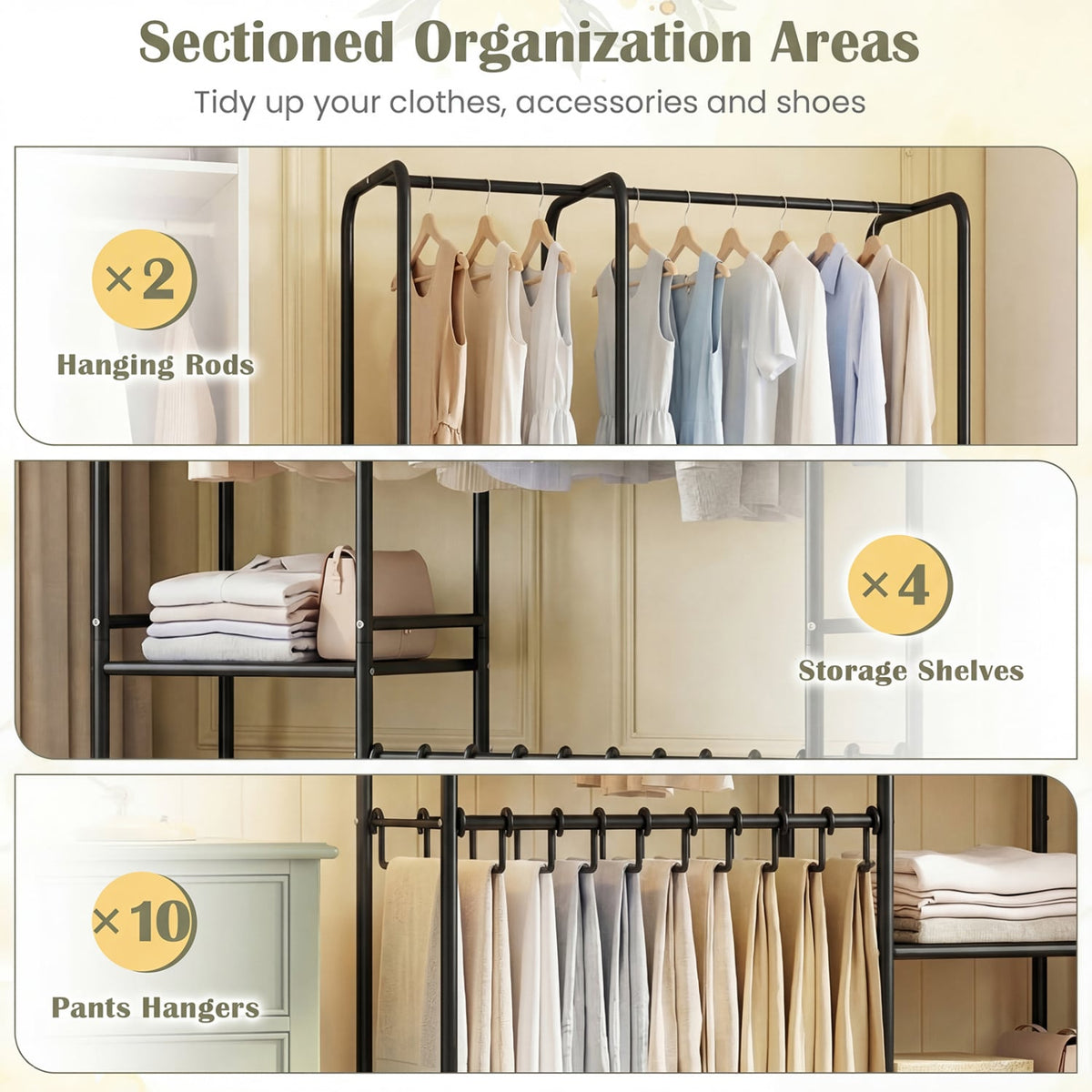 Portable Closet with Pants Hangers and 2 Hanging Rods and 4 Storage Shelves-Black view 7
