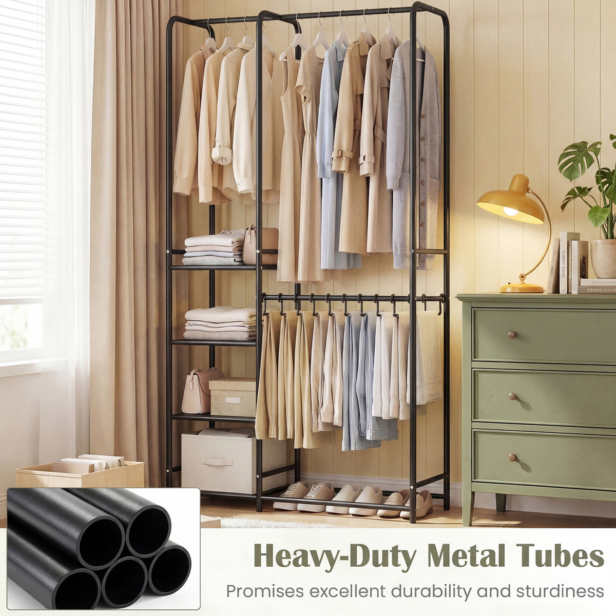 Portable Closet with Pants Hangers and 2 Hanging Rods and 4 Storage Shelves-Black view 8