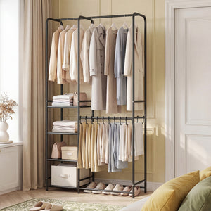 Portable Closet with Pants Hangers and 2 Hanging Rods and 4 Storage Shelves-Black view 3