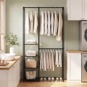 Portable Closet with Pants Hangers and 2 Hanging Rods and 4 Storage Shelves-Black view 2
