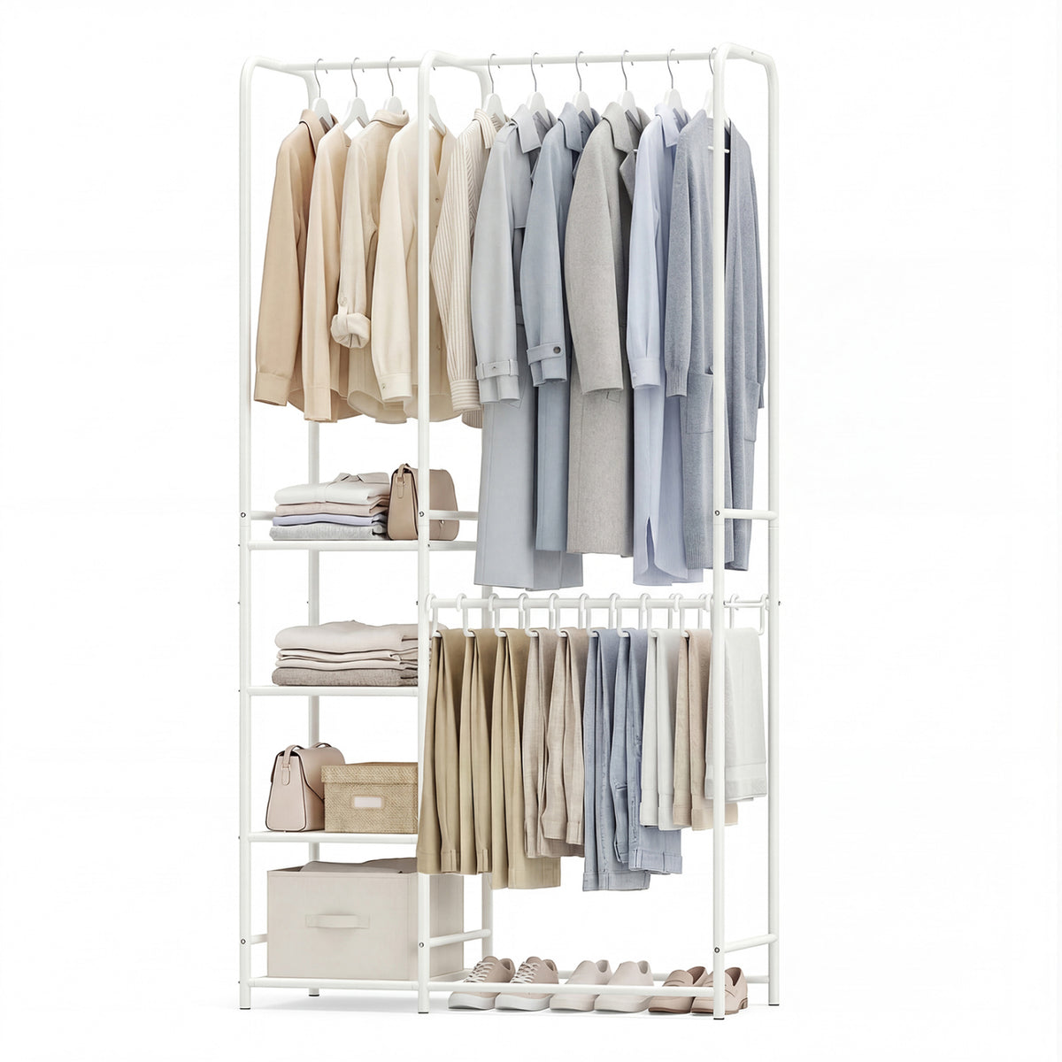 Portable Closet with Pants Hangers and 2 Hanging Rods and 4 Storage Shelves-White view 4