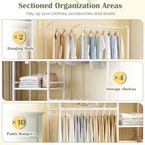 Portable Closet with Pants Hangers and 2 Hanging Rods and 4 Storage Shelves-White view 8