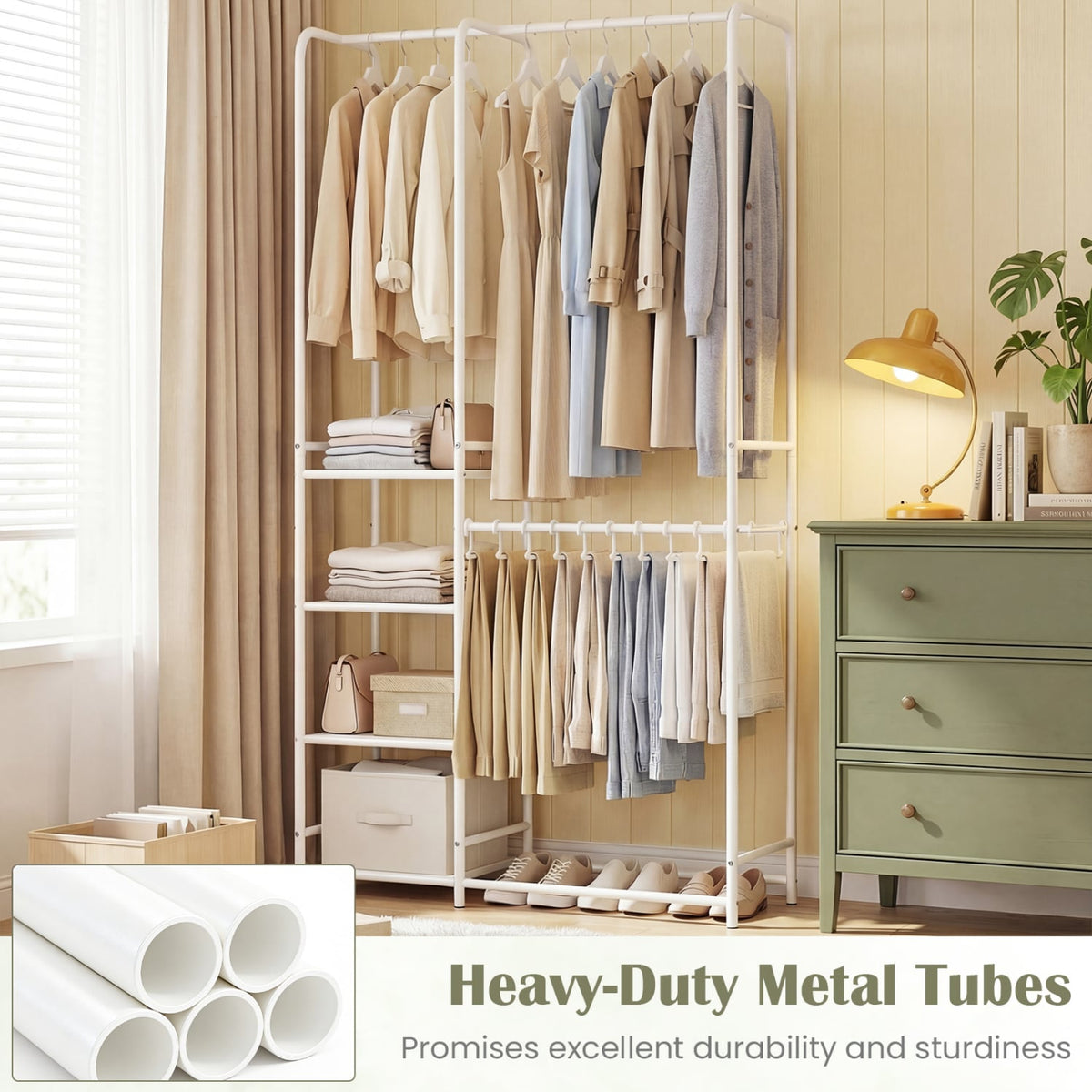 Portable Closet with Pants Hangers and 2 Hanging Rods and 4 Storage Shelves-White view 9
