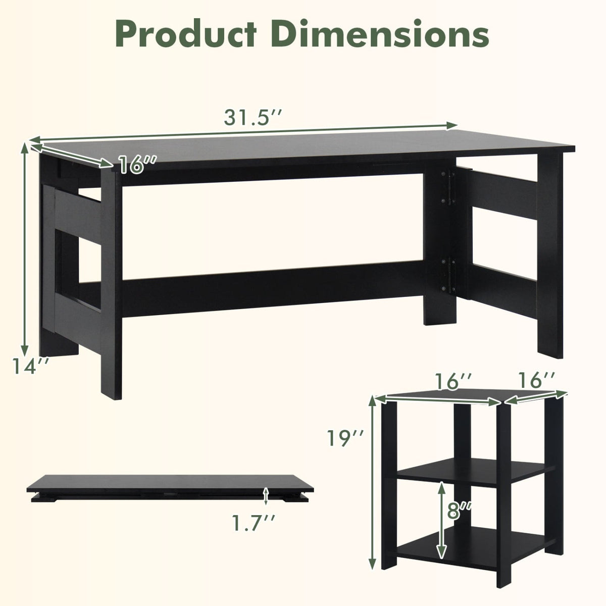 Portable Low Floor Table with Foldable Legs for Living Room-Black view 5