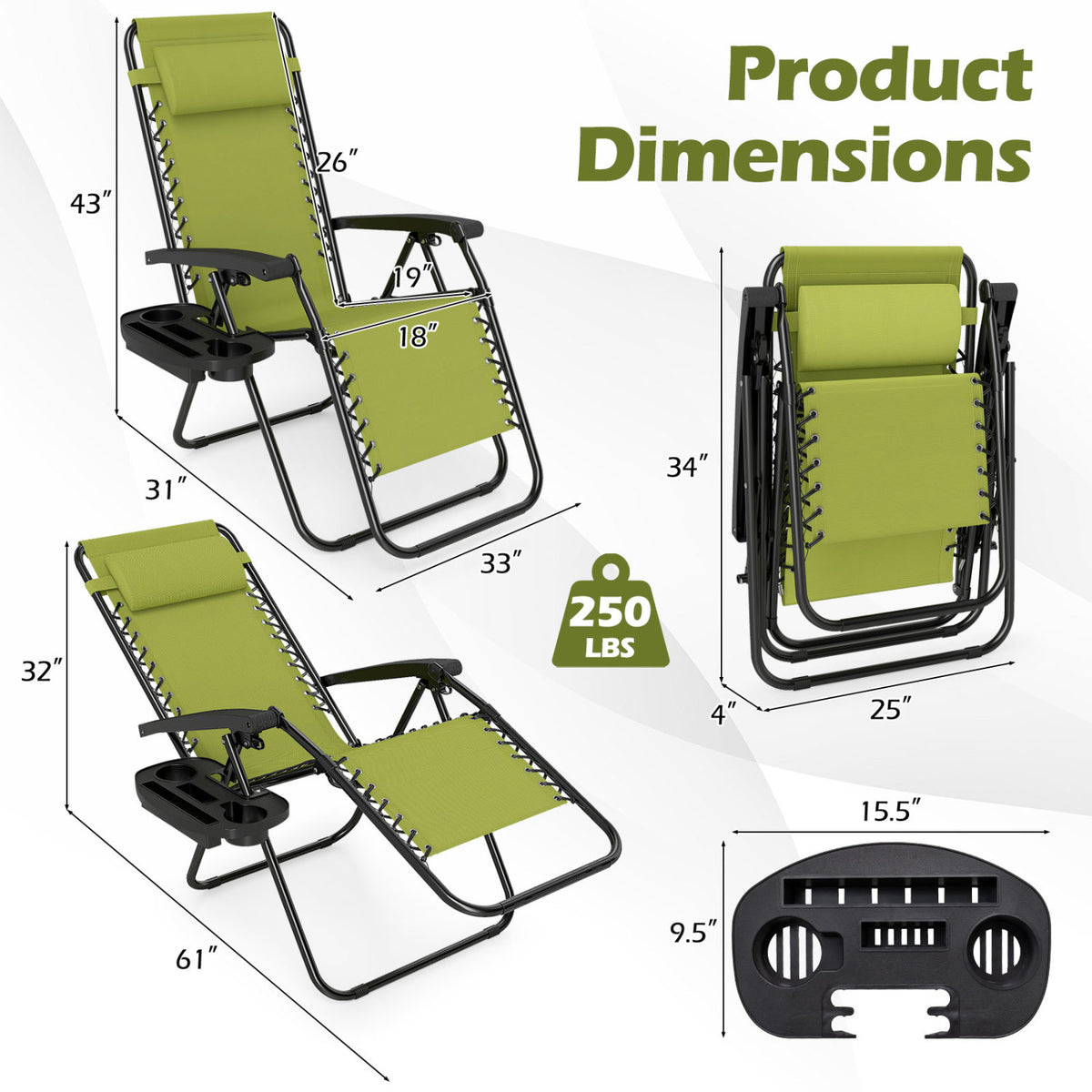 Portable Zero Gravity Chairs with Cup Holder Trays and Backrest-Green view 5