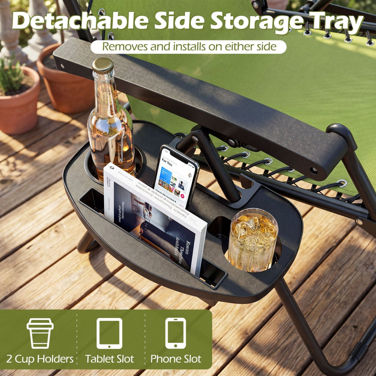 Portable Zero Gravity Chairs with Cup Holder Trays and Backrest-Green view 8