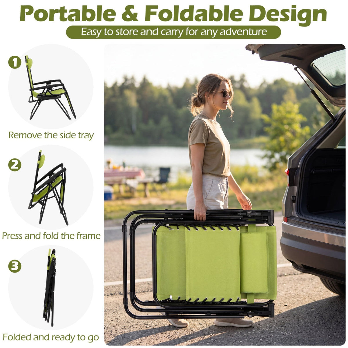 Portable Zero Gravity Chairs with Cup Holder Trays and Backrest-Green view 9
