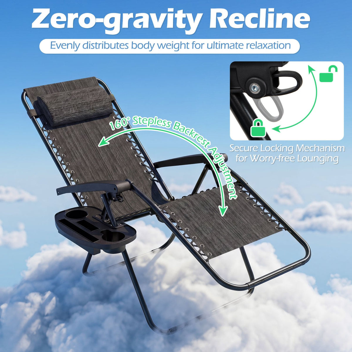 Portable Zero Gravity Chairs with Cup Holder Trays and Backrest Set of 2-Gray view 7