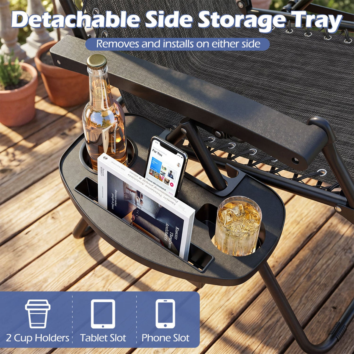 Portable Zero Gravity Chairs with Cup Holder Trays and Backrest Set of 2-Gray view 8