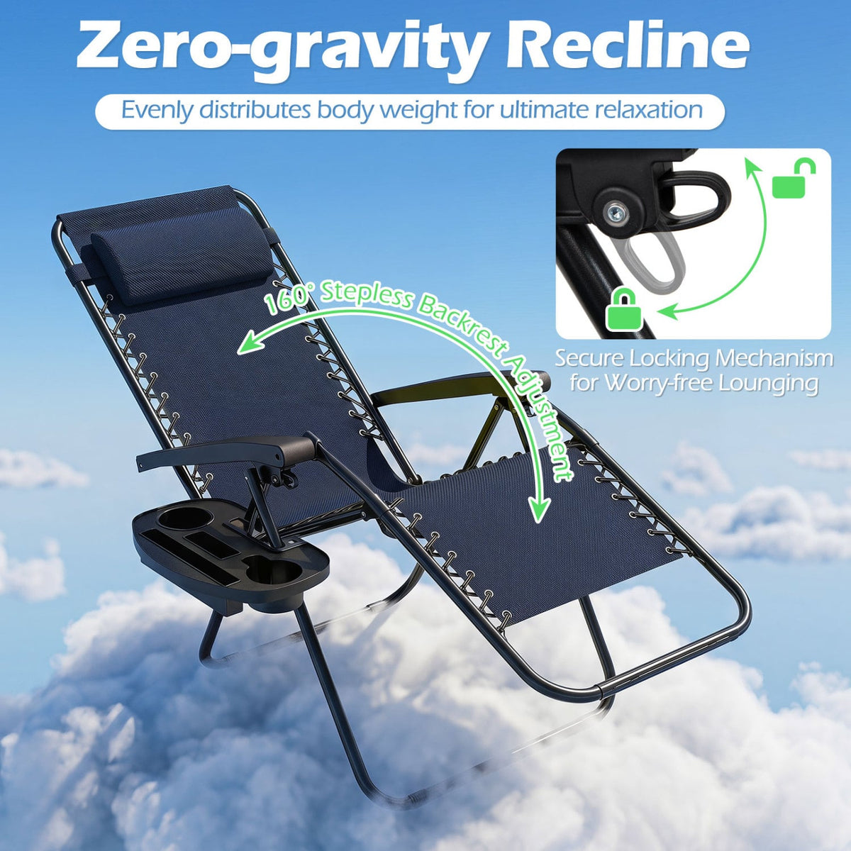 Portable Zero Gravity Chairs with Cup Holder Trays and Backrest Set of 2-Navy view 6