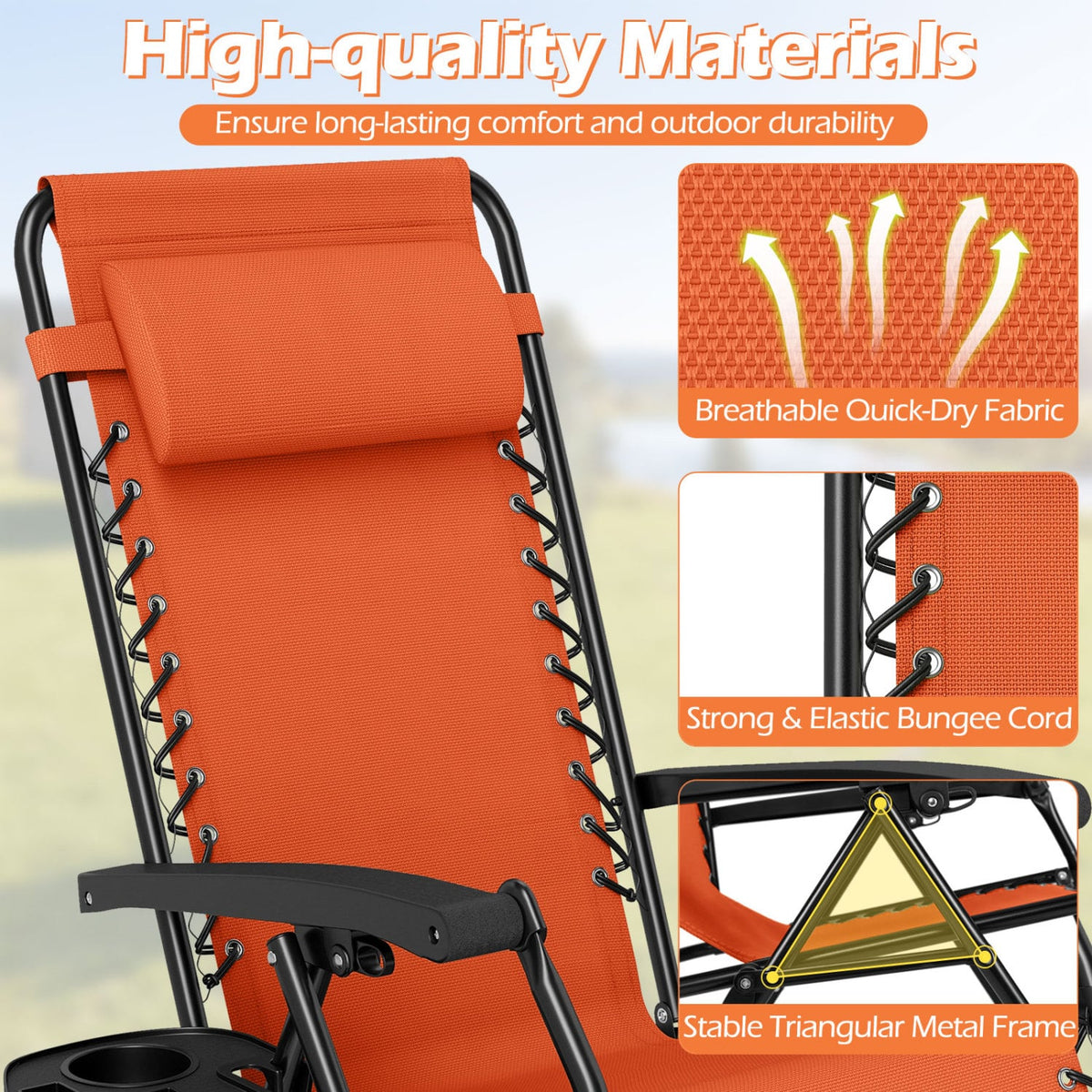 Portable Zero Gravity Chairs with Cup Holder Trays and Backrest-Orange view 7