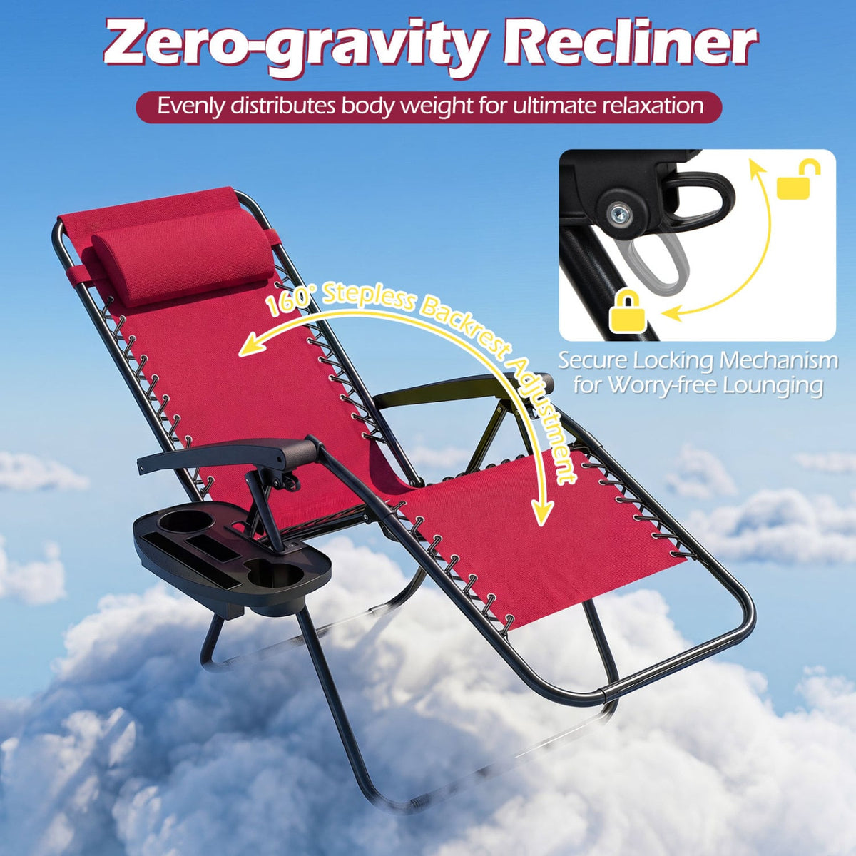 Portable Zero Gravity Chairs with Cup Holder Trays and Backrest-Red view 6