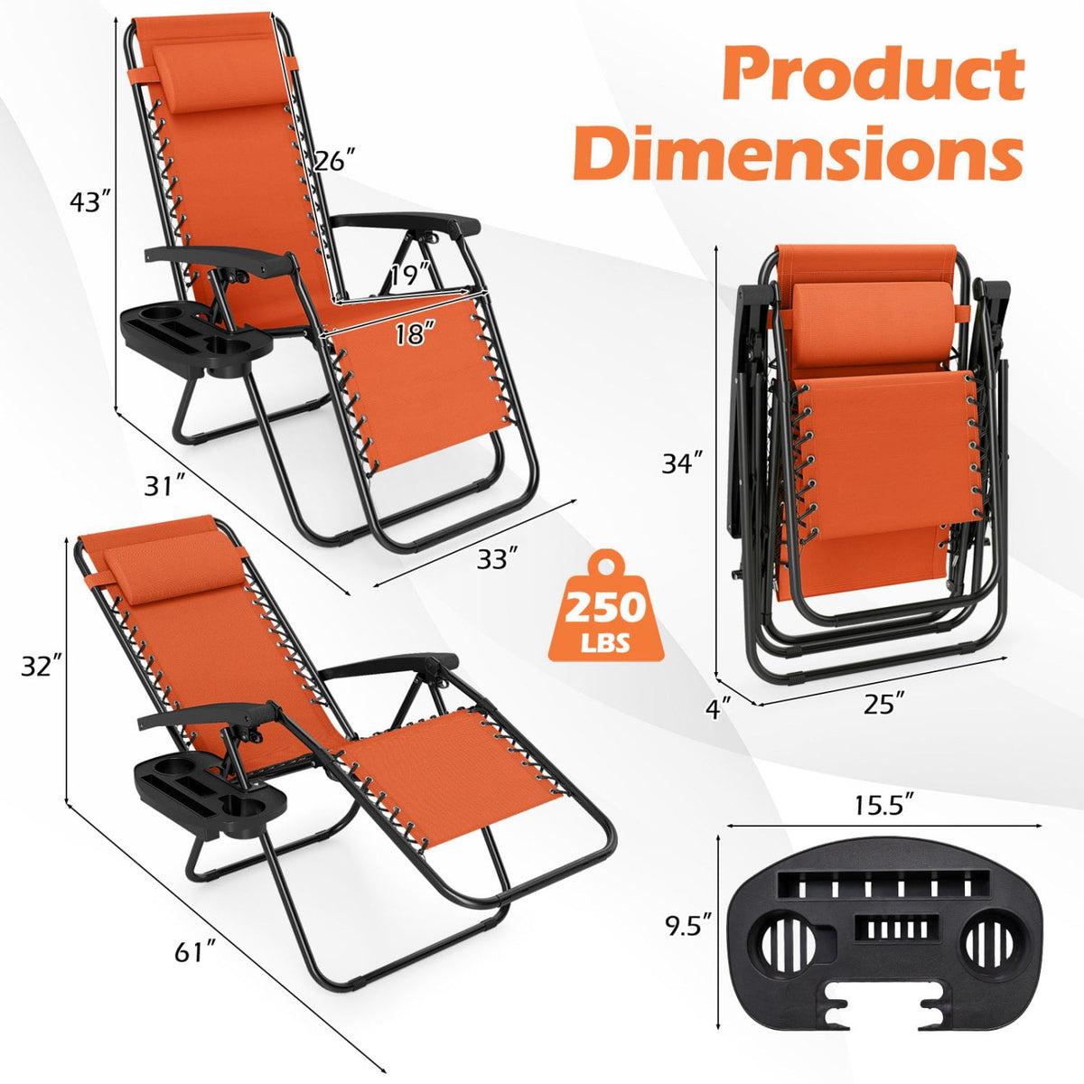 Portable Zero Gravity Chairs with Cup Holder Trays and Backrest Set of 2-Orange view 5