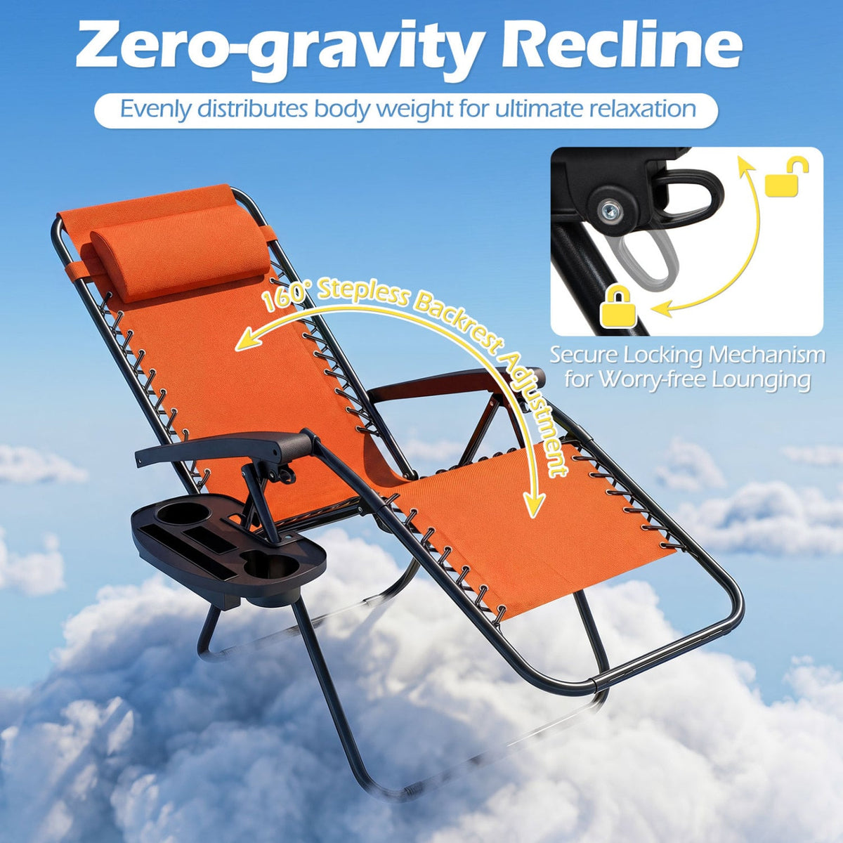 Portable Zero Gravity Chairs with Cup Holder Trays and Backrest Set of 2-Orange view 6