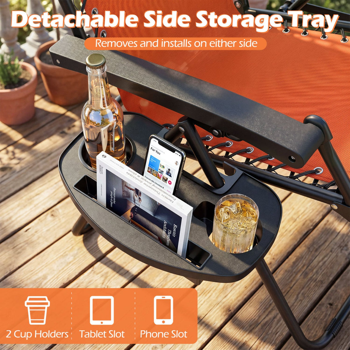 Portable Zero Gravity Chairs with Cup Holder Trays and Backrest Set of 2-Orange view 7