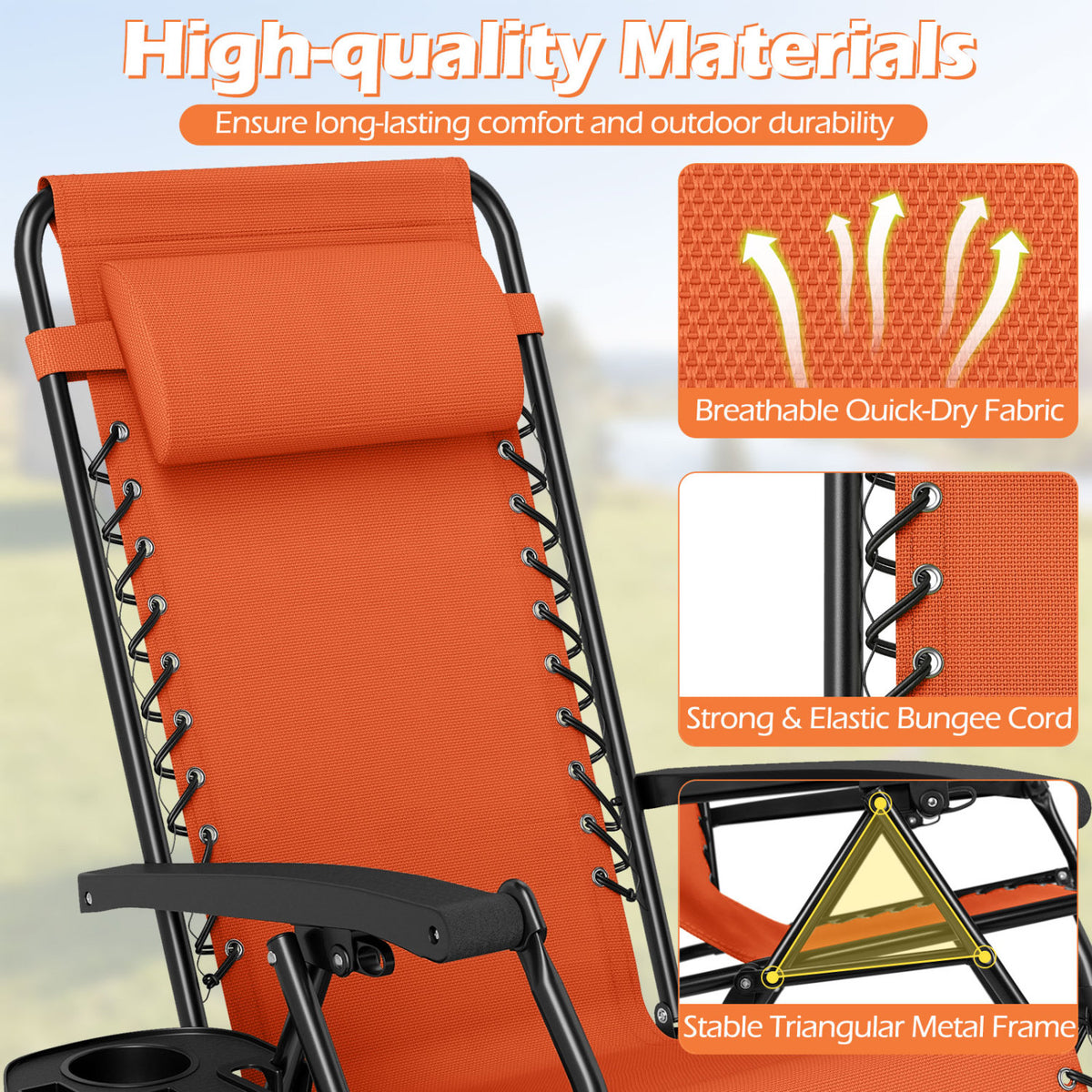 Portable Zero Gravity Chairs with Cup Holder Trays and Backrest Set of 2-Orange view 8