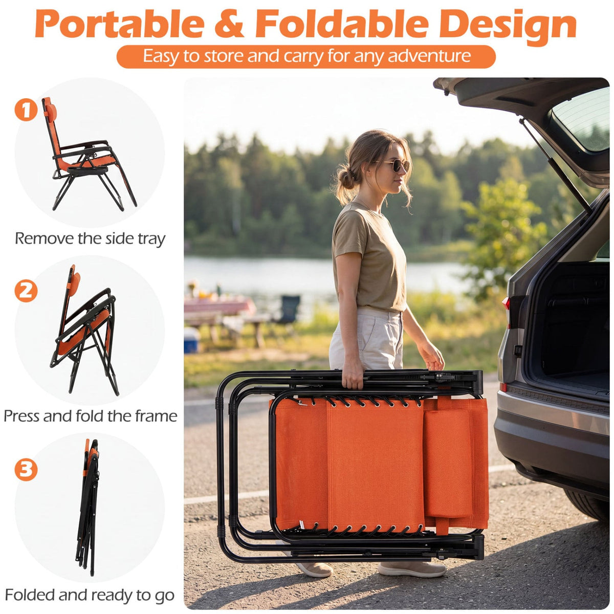Portable Zero Gravity Chairs with Cup Holder Trays and Backrest Set of 2-Orange view 9