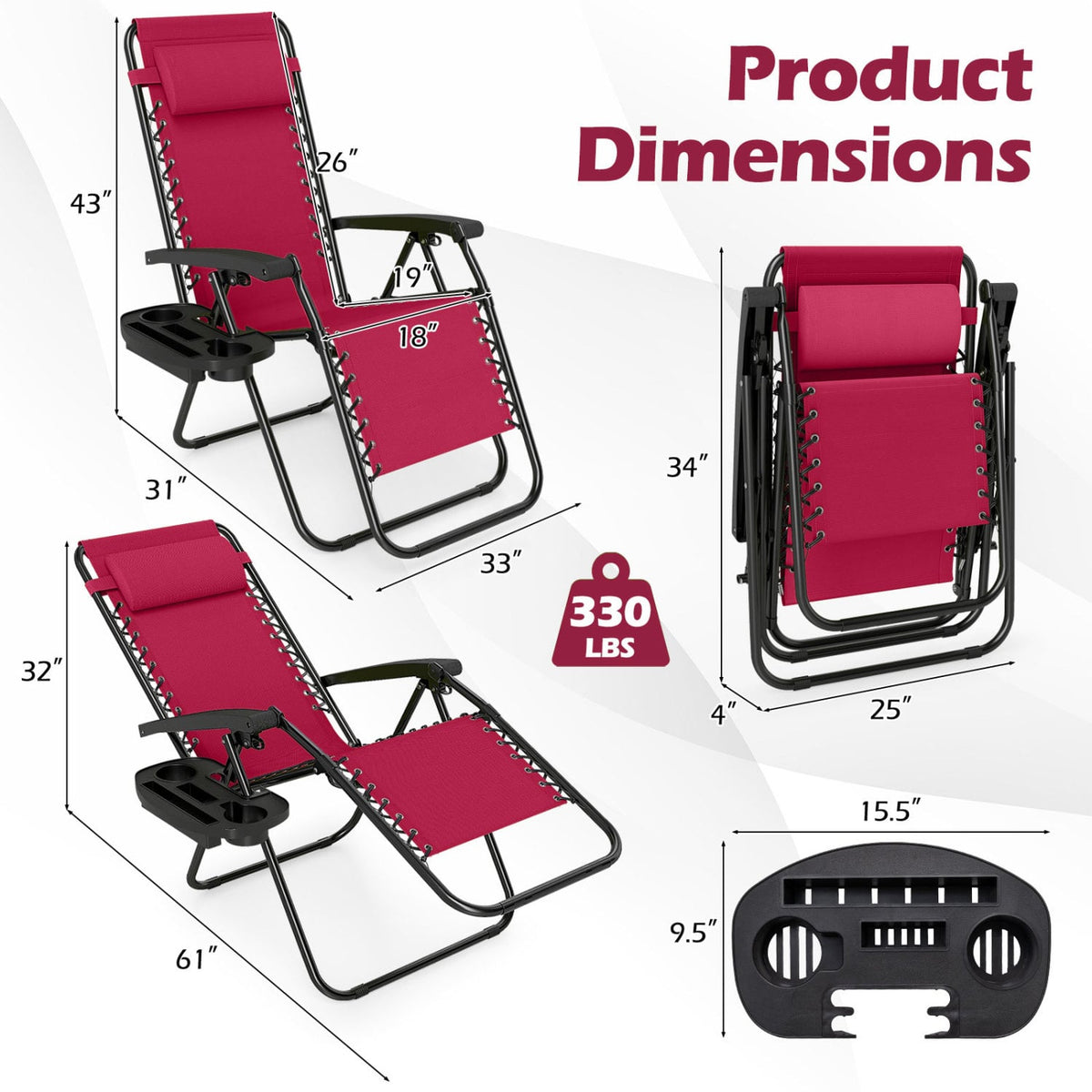 Portable Zero Gravity Chairs with Cup Holder Trays and Backrest Set of 2-Red view 4