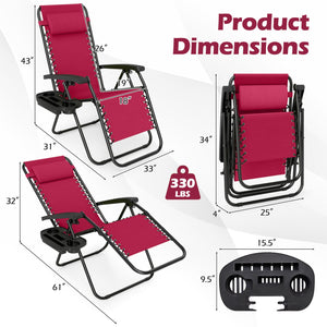 Portable Zero Gravity Chairs with Cup Holder Trays and Backrest Set of 2-Red view 4