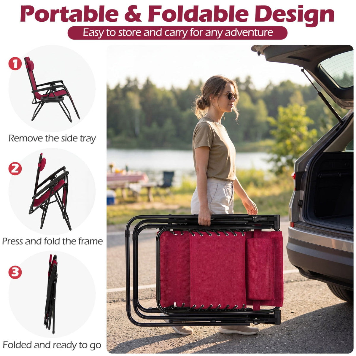 Portable Zero Gravity Chairs with Cup Holder Trays and Backrest Set of 2-Red view 8
