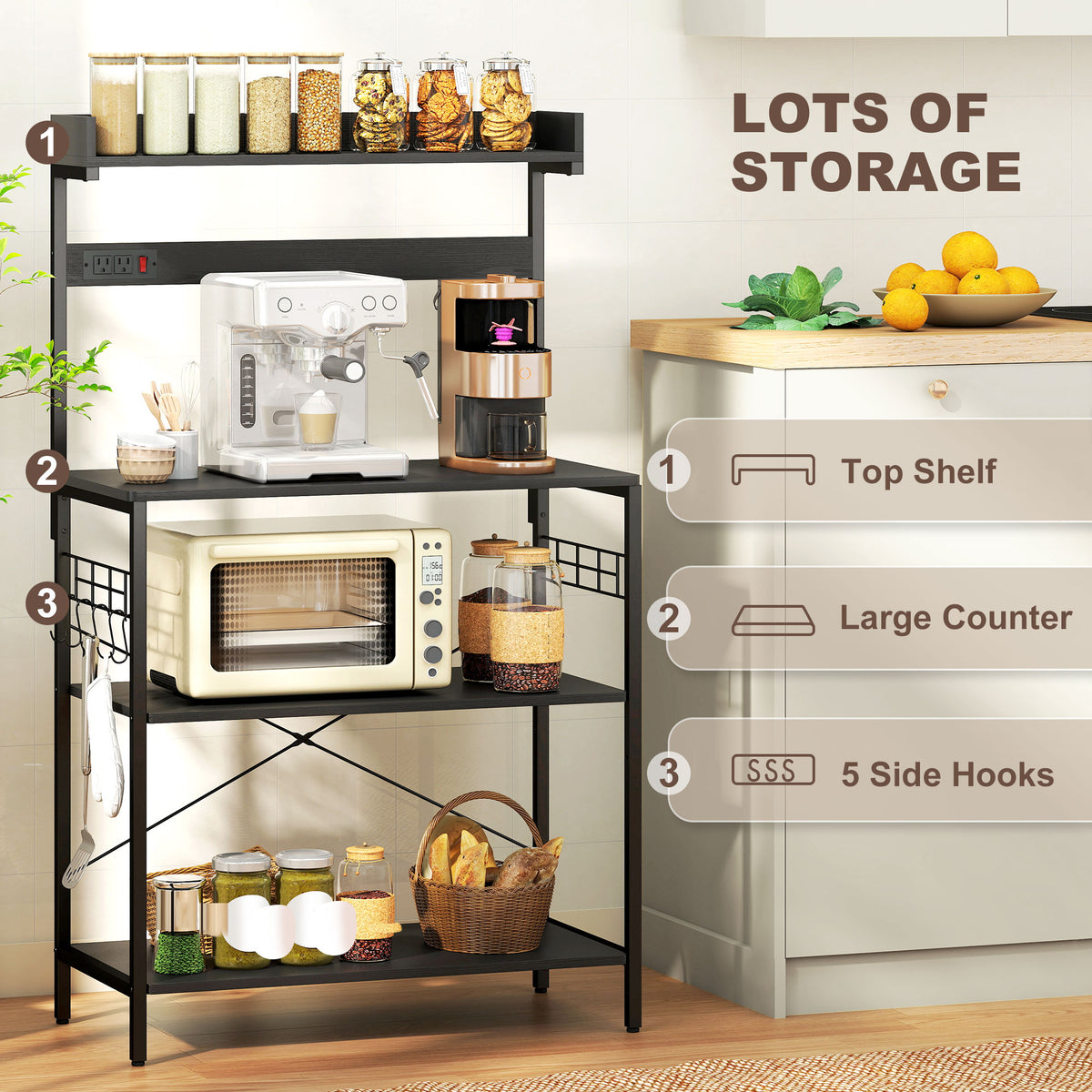 Kitchen Baker's Rack with Power Outlet, Coffee Bar Station with Adjustable Shelves and Hooks – view 12