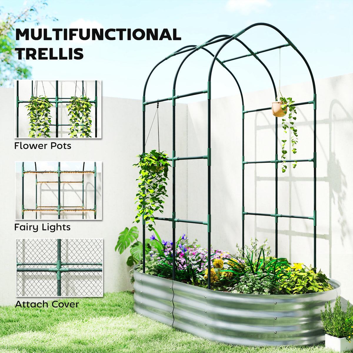 Galvanised Raised Garden Bed with Arched Trellis, 5 x 3 x 6ft Metal Outdoor Planter Box with Open Bottom, Silver