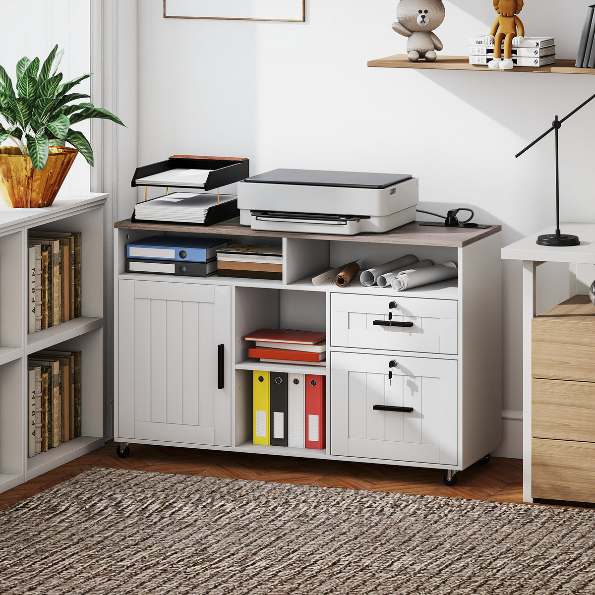 Mobile Printer Stand with Charging Station and USB Ports, Locking Filing Cabinet for A4 and Letter Size, White