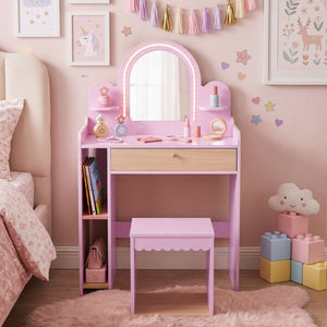 Pretend Makeup Dressing Table Set with 2 Small Shelves and Compartments-Pink view 3
