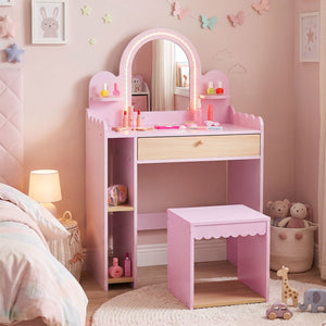 Pretend Makeup Dressing Table Set with 2 Small Shelves and Compartments-Pink view 2