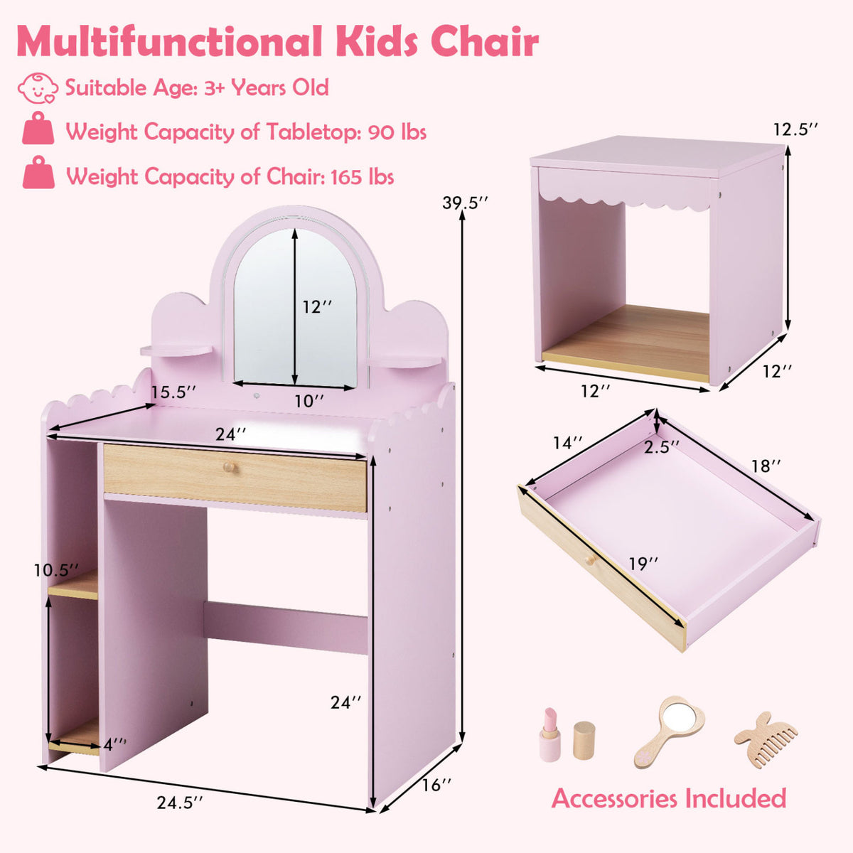 Pretend Makeup Dressing Table Set with 2 Small Shelves and Compartments-Pink view 5
