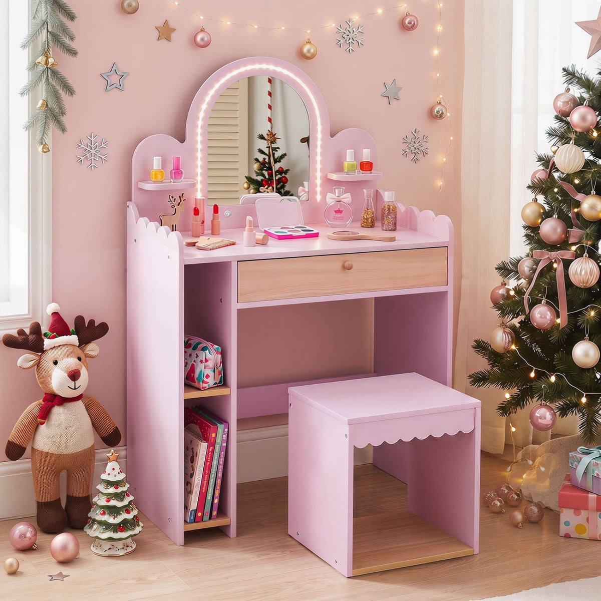 Pretend Makeup Dressing Table Set with 2 Small Shelves and Compartments-Pink view 7