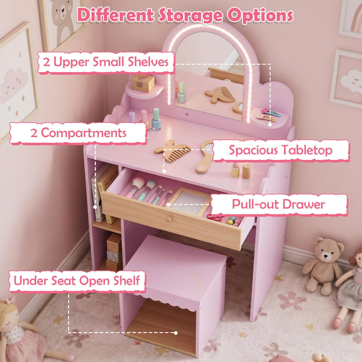 Pretend Makeup Dressing Table Set with 2 Small Shelves and Compartments-Pink view 9