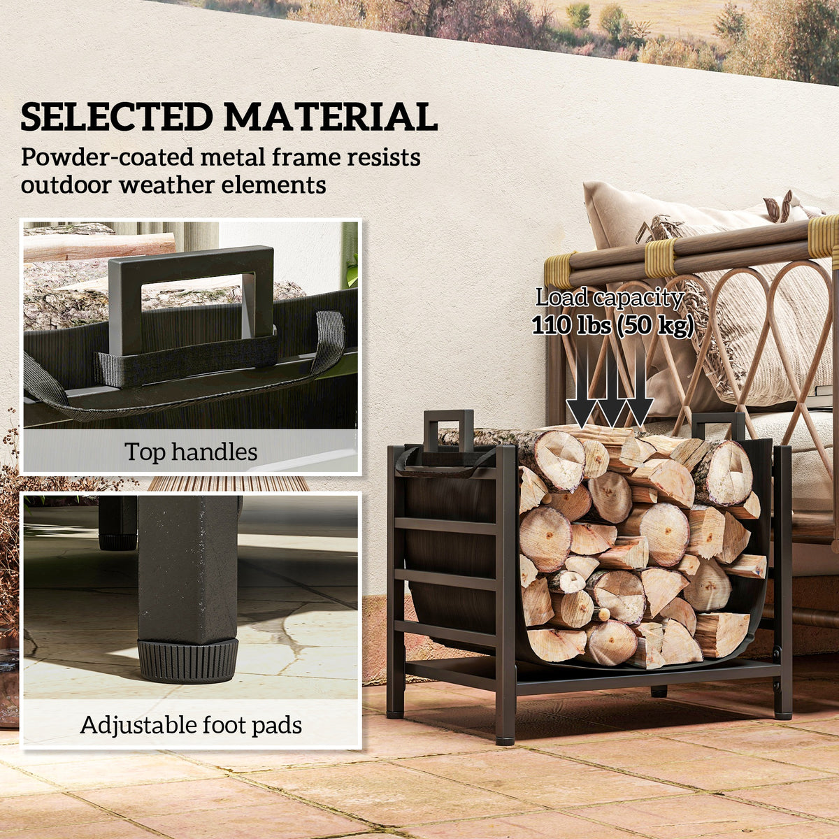 Outdoor Firewood Rack with Log Carrier, Heavy Duty Steel Wood Log Storage Stacker for Fireplace, Black