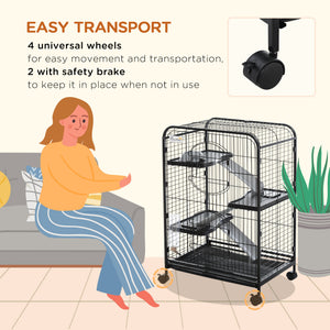 37"H Ferret Cage, 4-Tier Rolling Rabbit Ferret Chinchilla Squirrel Cage with Removable Tray, Platform, Ramp, Food Dish, Water Bottle, 24" x 17" x 37"