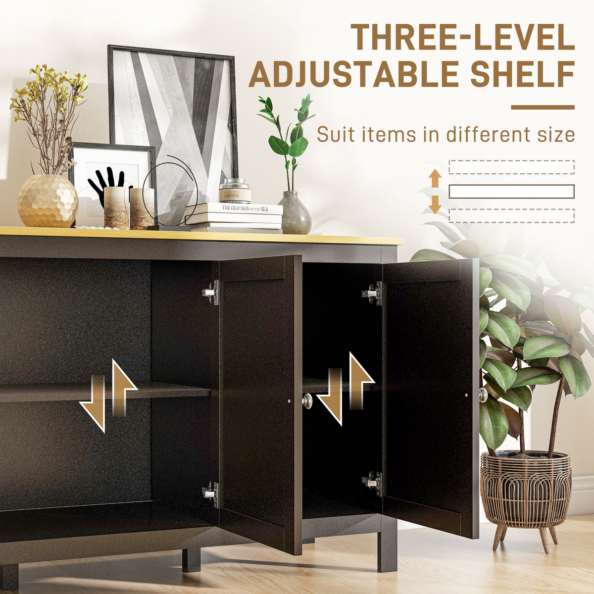 Sideboard, Buffet Cabinet with Doors and Adjustable Shelves for Living Room, Entryway, Black and Natural