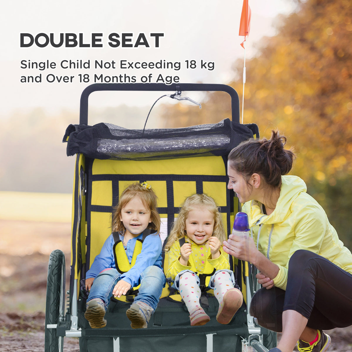 Aosom 2-in-1 Bike Trailer for Kids, Foldable 2-Seat Baby Stroller with 5-Point Harness, Rubber Wheels, Storage Bag