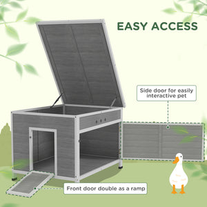 Duck Coop, Wooden Chicken House Rabbit Hutch with Openable Roof, Removable Floor, Double Doors, Ramp, Grey