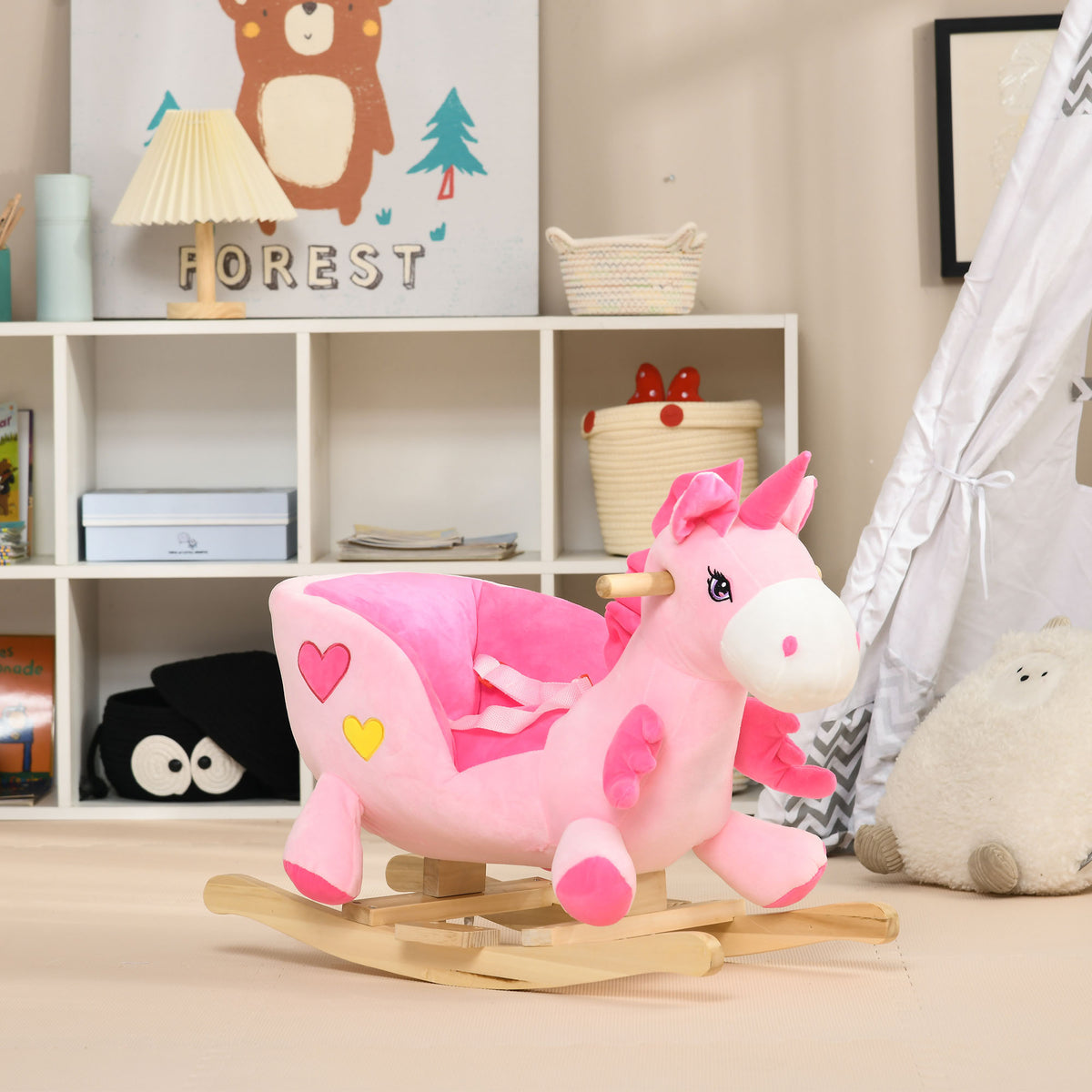 Qaba Baby Rocking Horse, Plush Animal Rocker for Toddlers Aged 18-36 Months, Stuffed Ride Toy with Sounds, Seat Belt, Pink
