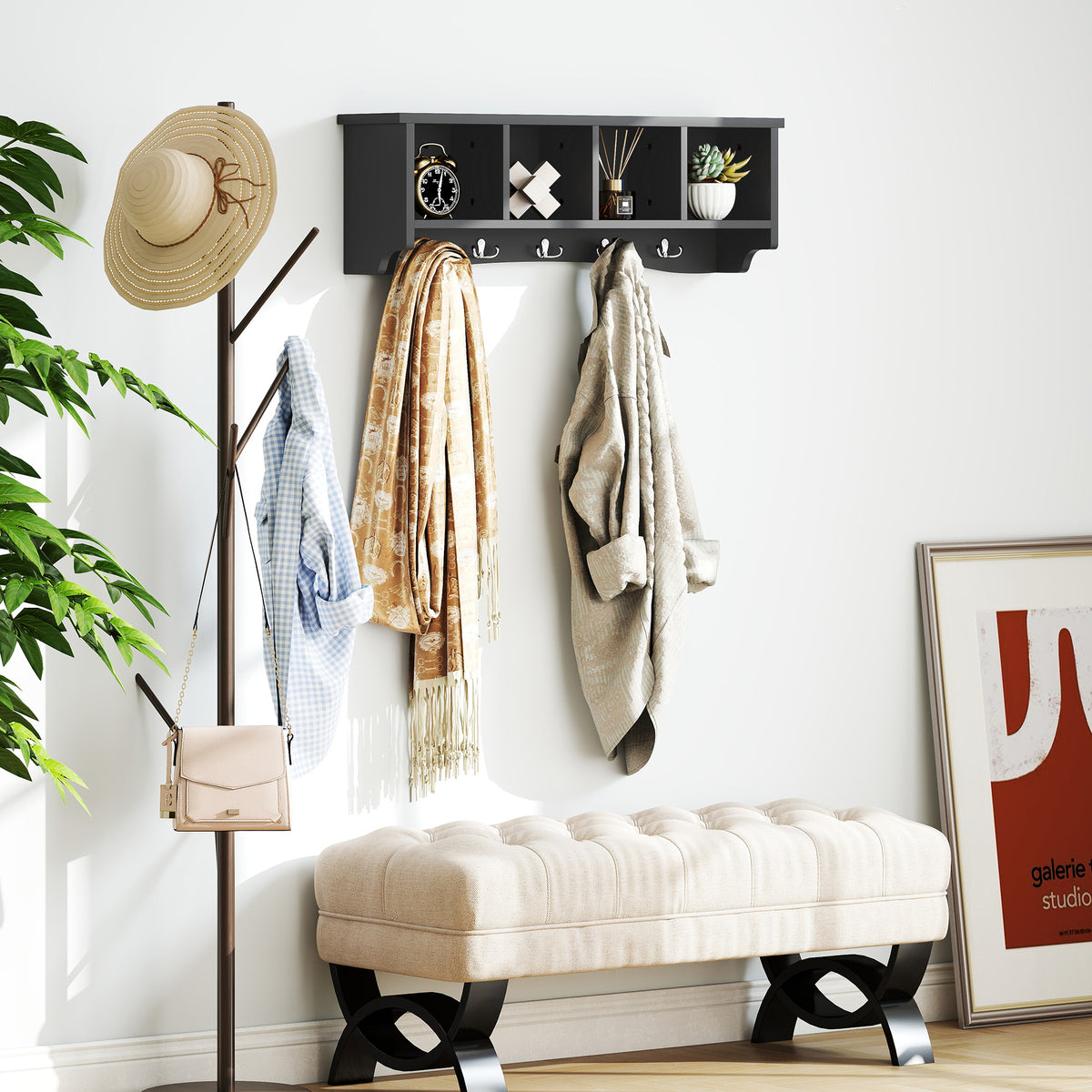 Coat Rack Wall Mount with Shelf, 28" Wall Coat Rack with 5 Hooks and 4 Compartments for Living Room – view 6