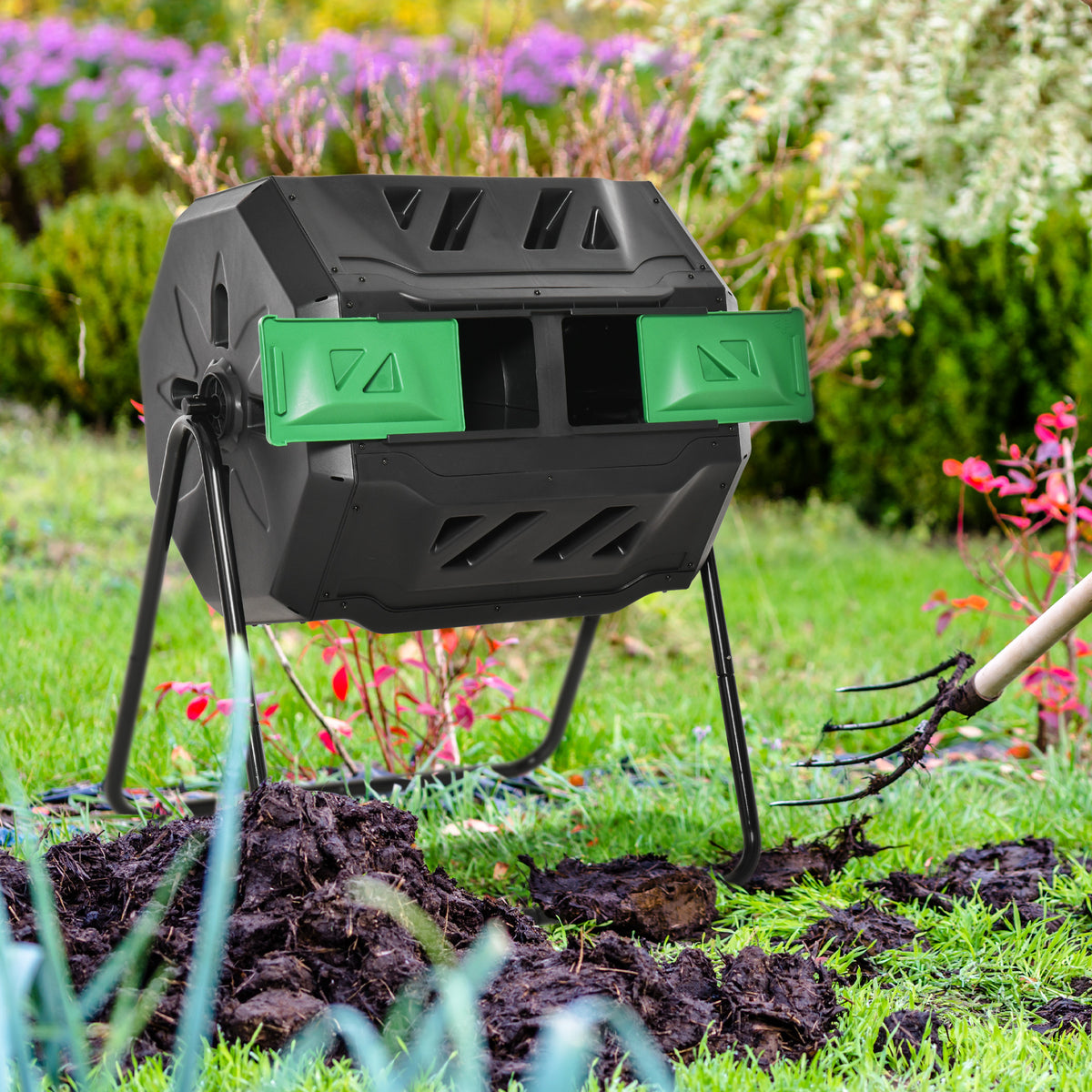 43 Gallon (160L) Tumbling Compost Bin Outdoor Dual Chamber 360° Rotating Composter with Sliding Doors – view 14
