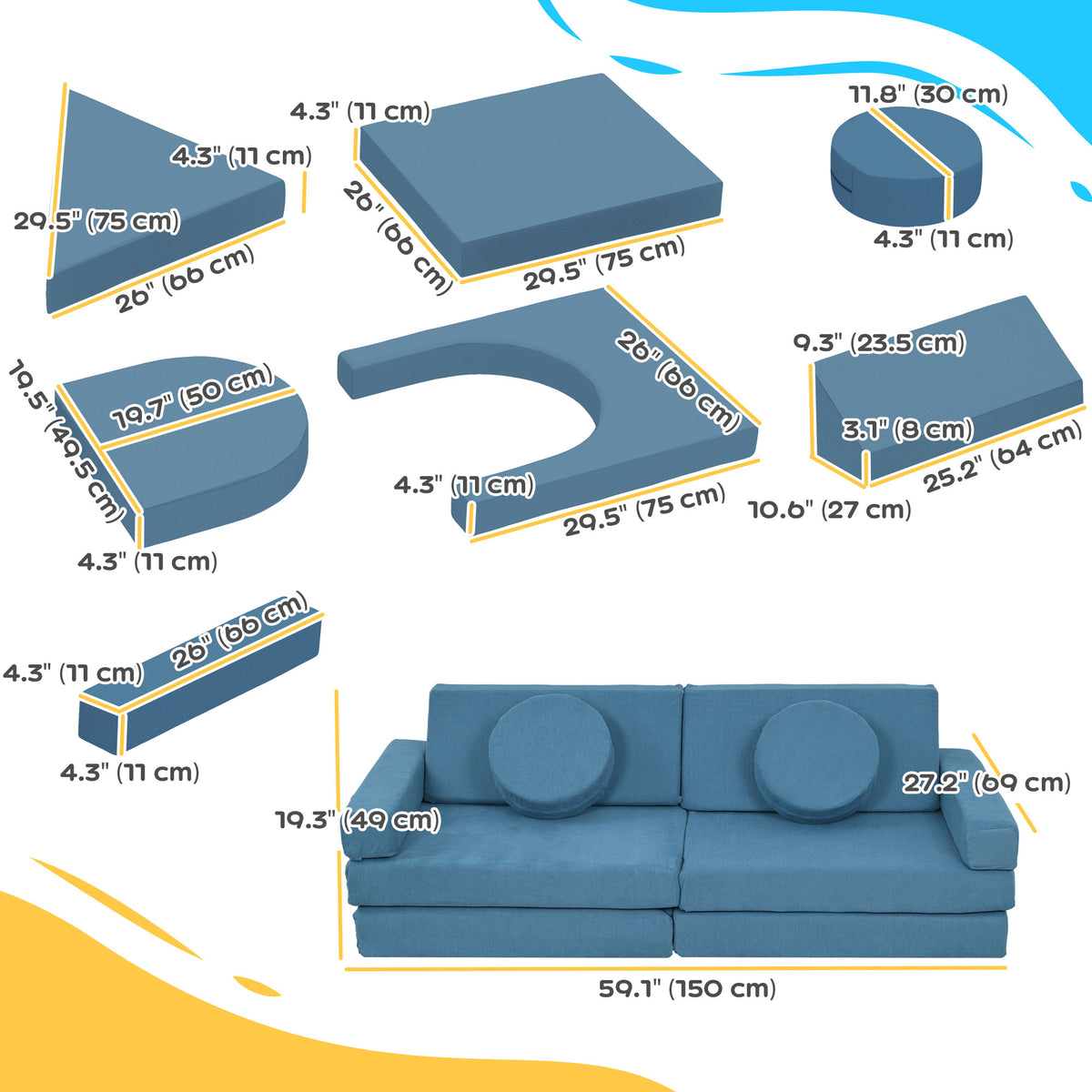 Qaba 12-Piece Modular Kids Play Couch Building Fort for Playroom Bedroom, Convertible Kids Sofa